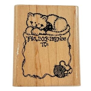 Vintage Wood Mounted Rubber Stamp This Book Belongs to Cat Yarn Library Teacher